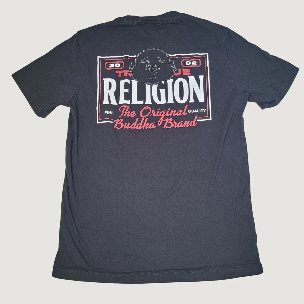 True Religion T Shirt Mens L Buddha Rhinestone Graphic Black Short Sleeve